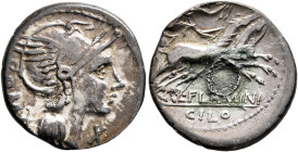 L. Flaminius Chilo, 109-108 BC. Denarius (Silver, 18 mm, 3.71 g, 7 h), Rome. ROMA Head of Roma to right, wearing winged helmet; before, X (mark of val...