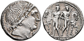L. Memmius, 109-108 BC. Denarius (Silver, 18 mm, 3.91 g, 9 h), Rome. Male head to right, wearing oak wreath; below chin, star (mark of value). Rev. L•...