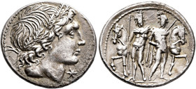 L. Memmius, 109-108 BC. Denarius (Silver, 20 mm, 3.90 g, 6 h), Rome. Male head to right, wearing oak wreath; below chin, star (mark of value). Rev. L•...