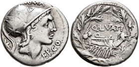 Q. Lutatius Cerco, 109-108 BC. Denarius (Silver, 19 mm, 3.79 g, 1 h), Rome. ROMA / CERCO Head of Roma to right, wearing crested helmet decorated with ...