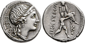 M. Herennius, 108-107 BC. Denarius (Silver, 17 mm, 3.78 g, 9 h), Rome. PIETAS Diademed head of Pietas to right. Rev. M• HE RENNI One of the Catanean b...