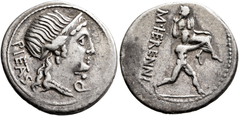 M. Herennius, 108-107 BC. Denarius (Silver, 20 mm, 3.86 g, 12 h), Rome. PIE TA S...