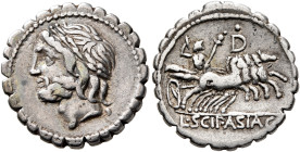 L. Scipio Asiagenus, 106 BC. Denarius (Silver, 18 mm, 4.00 g, 2 h), Rome. Laureate head of Jupiter to left. Rev. L•SCIP•ASIAG Jupiter driving gallopin...