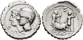 C. Sulpicius C.f. Galba, 106 BC. Denarius (Silver, 19 mm, 3.85 g, 11 h), Rome. D•P•P Jugate, laureate heads of the Dei Penates to left. Rev. C•SV LP I...