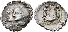 C. Sulpicius C.f. Galba, 106 BC. Denarius (Silver, 20 mm, 4.01 g, 11 h), Rome. D•P•P Jugate, laureate heads of the Dei Penates to left. Rev. Q / C•SV ...
