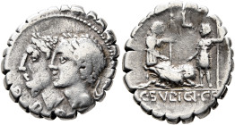C. Sulpicius C.f. Galba, 106 BC. Denarius (Silver, 18 mm, 3.92 g, 10 h), Rome. D•P•P Jugate, laureate heads of the Dei Penates to left. Rev. Q / C•SV ...