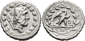 Lucius Aurelius Cotta, 105 BC. Denarius (Silver, 21 mm, 3.83 g, 5 h), Rome. Draped bust of Vulcan to right, wearing laureate pileus; to left, star (ma...