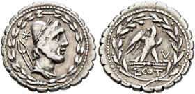 Lucius Aurelius Cotta, 105 BC. Denarius (Silver, 20 mm, 4.05 g, 12 h), Rome. Draped bust of Vulcan to right, wearing laureate pileus; to left, star (m...