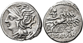 Lucius Appuleius Saturninus, 104 BC. Denarius (Silver, 20 mm, 3.60 g, 7 h), Rome. Head of Roma to left, wearing winged helmet, pendant earring and pea...