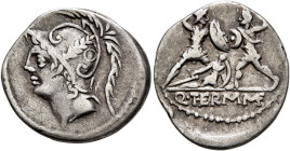 Q. Thermus M.f, 103 BC. Denarius (Silver, 20 mm, 3.88 g, 3 h), Rome. Head of Mars to left, wearing crested helmet decorated with two volutes and a plu...