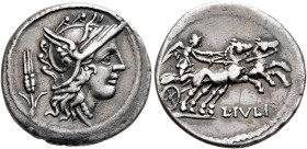 L. Julius, 101 BC. Denarius (Silver, 20 mm, 3.47 g, 5 h), Rome. Head of Roma to right, wearing winged helmet, pendant earring and pearl necklace; behi...
