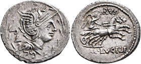 M. Lucilius Rufus, 101 BC. Denarius (Silver, 22 mm, 3.85 g, 6 h), Rome. PV Head of Roma to right, wearing winged helmet and pearl necklace; all within...