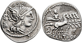 L. Sentius C.f, 101 BC. Denarius (Silver, 21 mm, 3.87 g, 7 h), Rome. AR G•PVB Head of Roma to right, wearing winged helmet, pendant earring and pearl ...