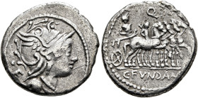 C. Fundanius, 101 BC. Denarius (Silver, 19 mm, 3.47 g, 9 h), Rome. Head of Roma to right, wearing winged helmet, pendant earring and pearl necklace; b...