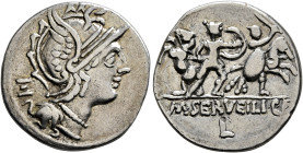 M. Servilius C.f, 100 BC. Denarius (Silver, 20 mm, 3.84 g, 11 h), Rome. Head of Roma to right, wearing crested and winged helmet; behind, M. Rev. M•SE...