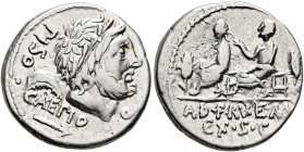 Q. Servilius Caepio, 100 BC. Denarius (Silver, 19 mm, 3.94 g, 10 h), with Calpurnius Piso Caesoninus, Rome. PISO•CAEPIO•Q Laureate and bearded head of...