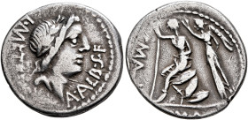 C. Malleolus, A. Albinus Sp.f., and L. Caecilius Metellus, 96 BC. Denarius (Silver, 19 mm, 3.86 g, 6 h), Rome. L•METEL - A•ALB•S•F Laureate head of Ap...