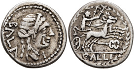 C. Allius Bala, 92 BC. Denarius (Silver, 19 mm, 3.70 g, 7 h), Rome. BALA Diademed female head (of Diana?) to right; before, I. Rev. C•ALLI Diana drivi...