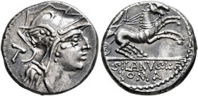 D. Silanus L.f, 91 BC. Denarius (Silver, 17 mm, 4.18 g, 3 h), Rome. Head of Roma to right, wearing winged helmet; behind, T. Rev. D•SILANVS•L•F / ROMA...