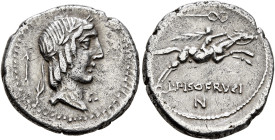 L. Calpurnius Piso Frugi, 90 BC. Denarius (Silver, 20 mm, 3.80 g, 9 h), Rome. Laureate head of Apollo to right; behind, arrow; below chin, three pelle...