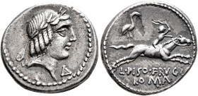 L. Calpurnius Piso Frugi, 90 BC. Denarius (Silver, 20 mm, 3.95 g, 2 h), Rome. Laureate head of Apollo to right; before, Δ. Rev. L•PISO•FRVGI / ROMA Nu...
