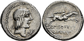 L. Calpurnius Piso Frugi, 90 BC. Denarius (Silver, 19 mm, 3.62 g, 3 h), Rome. Laureate head of Apollo to right; to right, lizard. Rev. L PISO FRVGI / ...