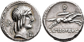 L. Calpurnius Piso Frugi, 90 BC. Denarius (Silver, 16 mm, 3.76 g, 7 h), Rome. Laureate head of Apollo to right; behind, star; before, L•. Rev. L PISO ...