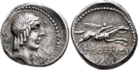 L. Calpurnius Piso Frugi, 90 BC. Denarius (Silver, 19 mm, 3.90 g, 4 h), Rome. Laureate head of Apollo to right; behind, control symbol; below chin, M....