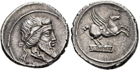 Q. Titius, 90 BC. Denarius (Silver, 19 mm, 3.79 g, 11 h), Rome. Bearded head of Mutinus Titinius to right, wearing winged diadem. Rev. Pegasus to righ...