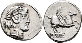 Q. Titius, 90 BC. Denarius (Silver, 18 mm, 4.14 g, 1 h), Rome. Head of Bacchus to right, wearing wreath of ivy. Rev. Pegasus to right; below, Q•TITI i...