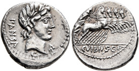 C. Vibius C.f. Pansa, 90 BC. Denarius (Silver, 20 mm, 3.92 g, 11 h), Rome. PANSA Laureate head of Apollo to right; below neck, C; below chin, spearhea...