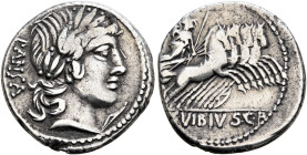 C. Vibius C.f. Pansa, 90 BC. Denarius (Silver, 19 mm, 3.94 g, 11 h), Rome. PANSA Laureate head of Apollo to right; below chin, bow. Rev. C•VIBIVS•C•F ...