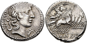 C. Vibius C.f. Pansa, 90 BC. Denarius (Silver, 19 mm, 4.00 g), Rome. PANSA Laureate head of Apollo to right; below chin, Victory flying to right, hold...