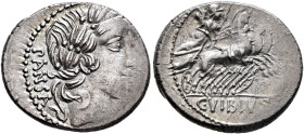 C. Vibius C.f. Pansa, 90 BC. Denarius (Silver, 19 mm, 4.00 g, 6 h), Rome. PANSA Laureate head of Apollo to right; below chin, star (mark of value). Re...