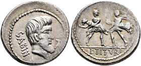 L. Titurius L.f. Sabinus, 89 BC. Denarius (Silver, 21 mm, 3.81 g, 7 h), Rome. SABIN Bare-headed and bearded head of King Titus Tatius to right; in fie...