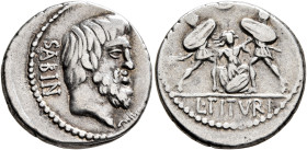 L. Titurius L.f. Sabinus, 89 BC. Denarius (Silver, 19 mm, 3.84 g, 6 h), Rome. SABIN Bare-headed and bearded head of King Titus Tatius to right; in low...