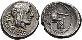 M. Cato, 89 BC. Quinarius (Silver, 14 mm, 2.17 g, 1 h), Rome. M•CATO•VIII Head of Liber with long hair to right, wearing wreath of ivy and fruit. Rev....