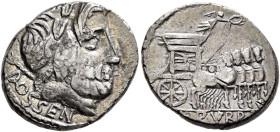 L. Rubrius Dossenus, 87 BC. Denarius (Silver, 17 mm, 4.06 g, 6 h), Rome. DOSSEN Laureate head of Jupiter right to right; behind, scepter. Rev. L•RVBRI...