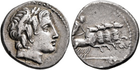 Anonymous, 86 BC. Denarius (Silver, 19 mm, 3.93 g, 7 h), Rome. Laureate head of Apollo to right; below neck truncation, thunderbolt. Rev. Jupiter in f...
