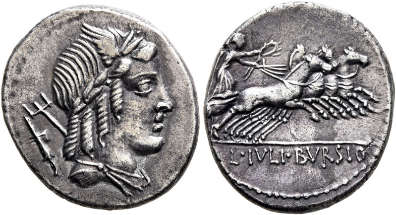 L. Julius Bursio, 85 BC. Denarius (Silver, 18 mm, 3.69 g, 12 h), Rome. Laureate,...