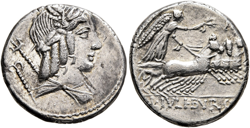 L. Julius Bursio, 85 BC. Denarius (Silver, 17 mm, 3.78 g, 3 h), Rome. Laureate, ...