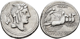 L. Julius Bursio, 85 BC. Denarius (Silver, 20 mm, 3.75 g, 6 h), Rome. Laureate, winged, and draped bust of Apollo Vejovis to right; behind, trident an...