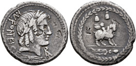 Mn. Fonteius C.f, 85 BC. Denarius (Silver, 20 mm, 3.74 g, 9 h), Rome. MN•FONTEI C•F Laureate head of Apollo to right; to right, monogram of ROMA; belo...