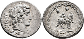 Mn. Fonteius C.f, 85 BC. Denarius (Silver, 21 mm, 3.98 g, 12 h), Rome. MN FO NT EI C F Laureate head of Apollo to right; below, thunderbolt. Rev. Cupi...