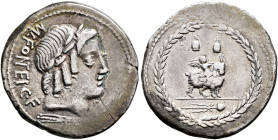 Mn. Fonteius C.f, 85 BC. Denarius (Silver, 21 mm, 3.66 g, 6 h), Rome. MN •FO NT EI C•F Laureate head of Apollo to right; to right, monogram of ROMA; b...