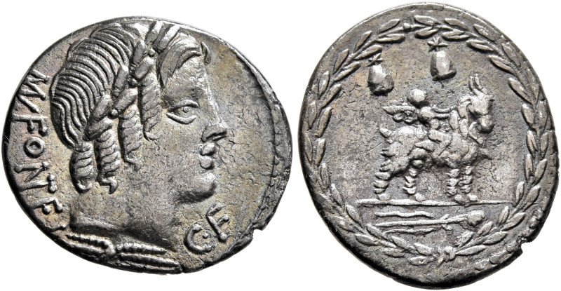 Mn. Fonteius C.f, 85 BC. Denarius (Silver, 19 mm, 3.16 g, 3 h), Rome. MN •FO NT ...