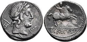 Pub. Crepusius, 82 BC. Denarius (Silver, 17 mm, 3.51 g, 1 h), Rome. Laureate head of Apollo to right; behind, scepter and H; before, palm frond. Rev. ...