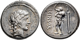 L. Censorinus, 82 BC. Denarius (Silver, 18 mm, 3.67 g, 9 h), Rome. Laureate head of Apollo to right. Rev. L•CENSOR Marsyas, bald-headed, standing to l...