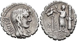 A. Postumius A.f. Sp.n. Albinus, 81 BC. Denarius (Silver, 20 mm, 3.84 g, 2 h), Rome. HISPAN Veiled head of Hispania to right. Rev. A• - POST•A•F - S N...