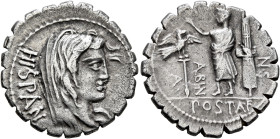 A. Postumius A.f. Sp.n. Albinus, 81 BC. Denarius (Silver, 20 mm, 3.62 g, 3 h), Rome. HISPAN Veiled head of Hispania to right. Rev. A• - POST•A•F - •S•...